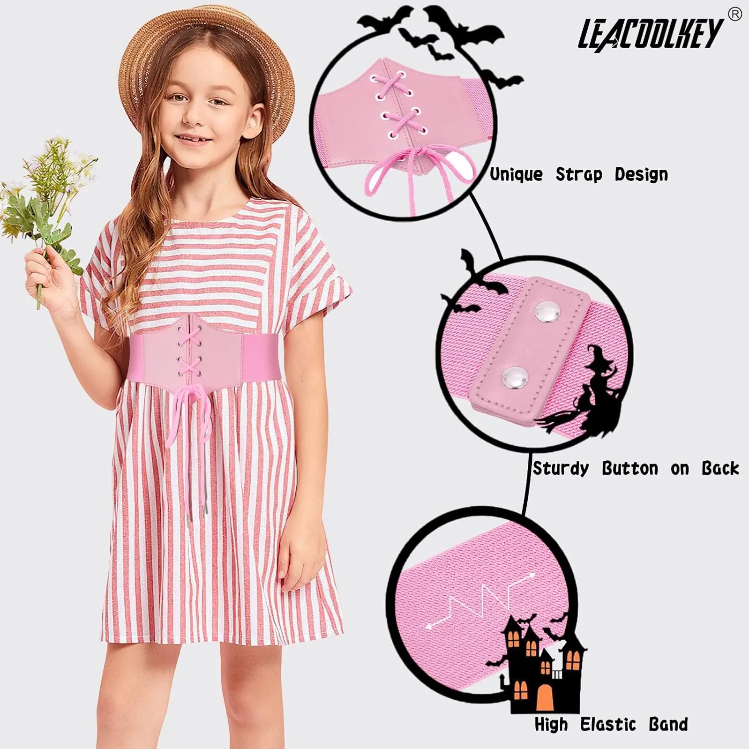 LEACOOLKEY Kids Waist Belt for Dress Elastic Lace-up Waist Belt for Girls