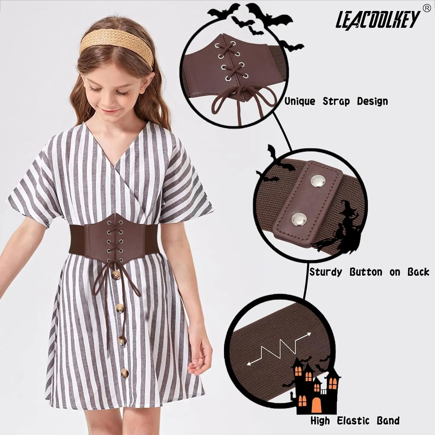 LEACOOLKEY Kids Waist Belt for Dress Elastic Lace-up Waist Belt for Girls
