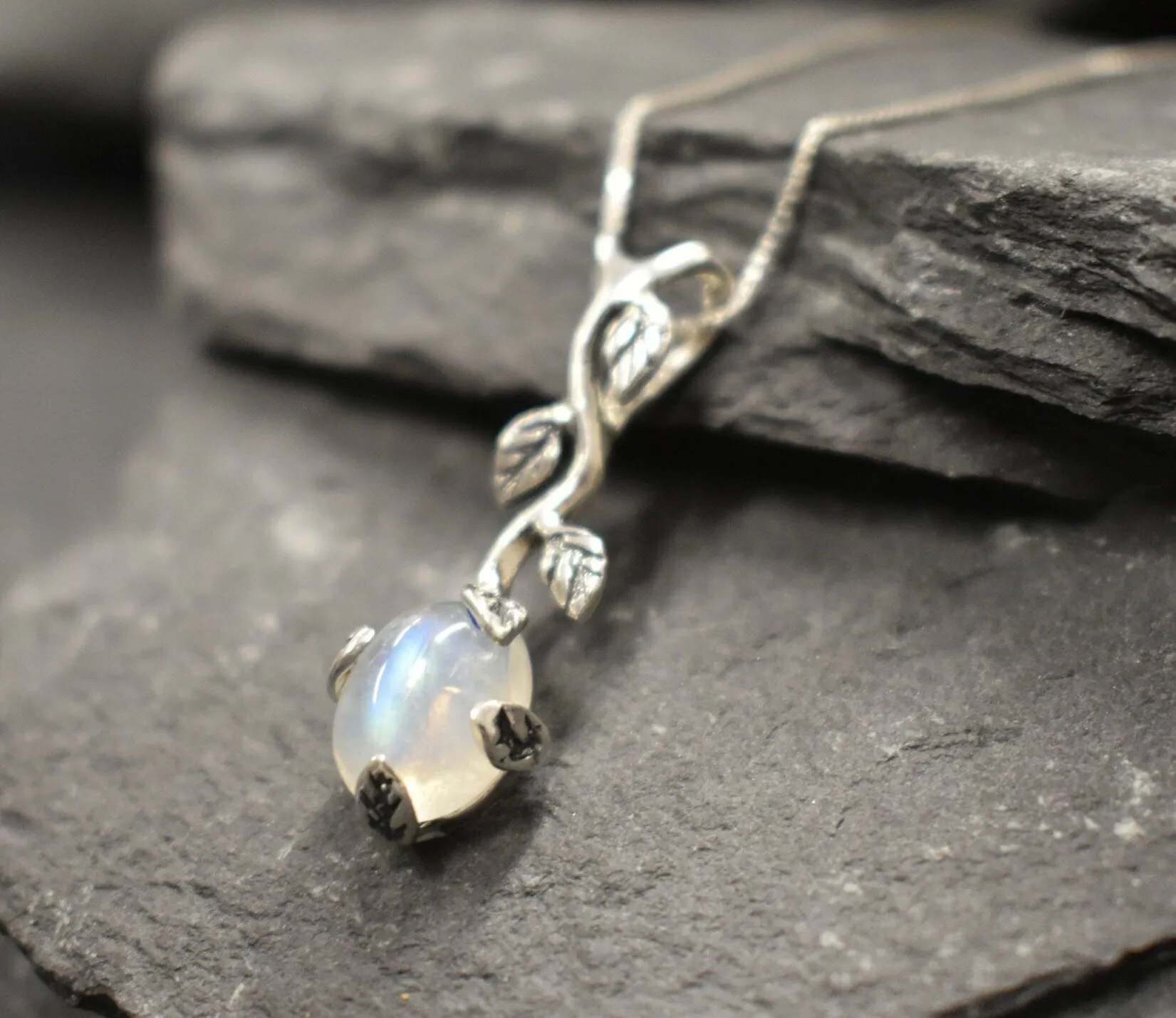 Long Moonstone Pendant - Natural Moonstone Necklace - Vintage Leaf Necklace