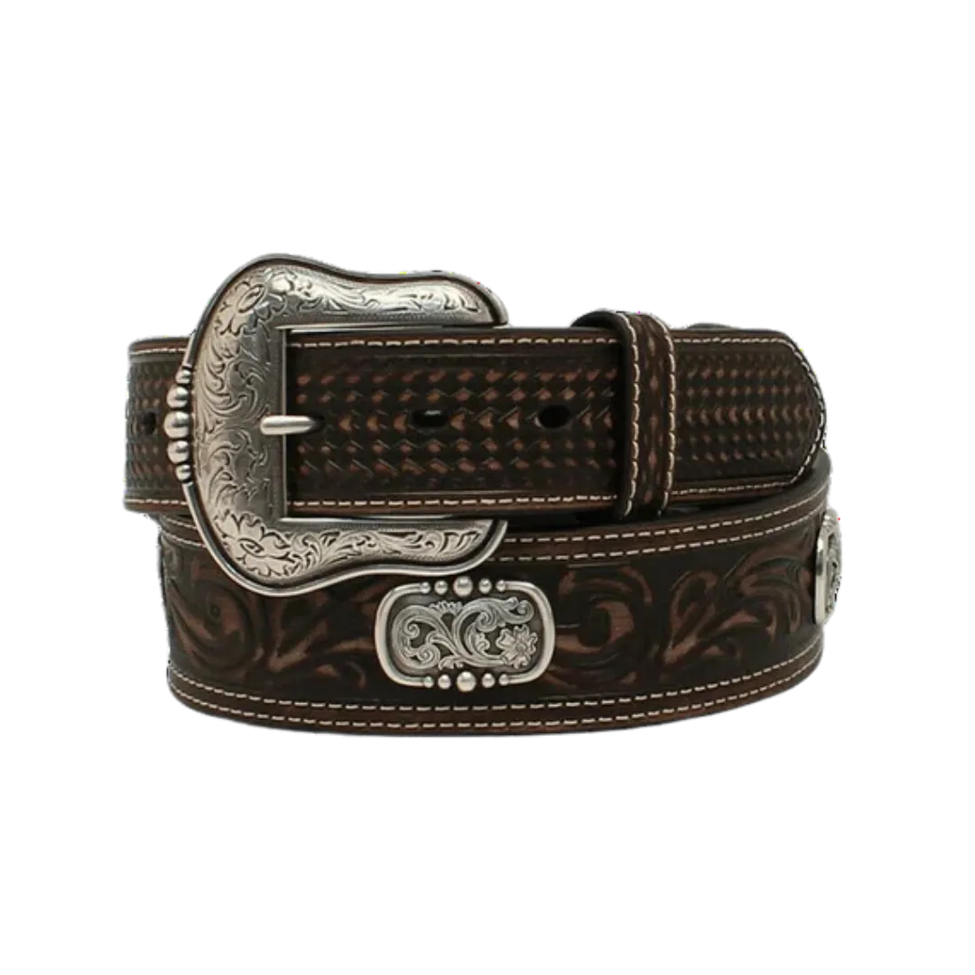 M&F Ariat Men's Brown Basketweave Floral Embossed Leather Belt