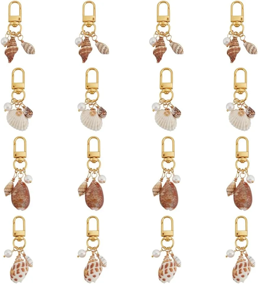 MAYJOYDIY 16Pcs 4 Styles SeaShell Charm Pendants Pearl Conch Keychain Summer Ocean Bag Charms Beach Themed Gifts with Alloy Swivel Clasps for Women Backpacks Handbags Car Keys Decoration
