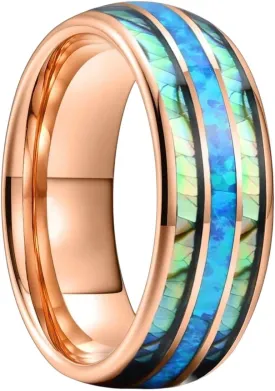 New 2026 Unisex Fashion Men Rose Gold Color Stainless Steel Rings Inlay Blue Opal Abalone Shell For Women And Men Wedding Band Jewelry Gifts Luxury Accessories Creative Gift For Women And Men