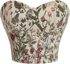 OYOANGLE Women's Floral Print Strapless Tube Tops Tie Back Bandeau Tops Renaissance Corset Tops