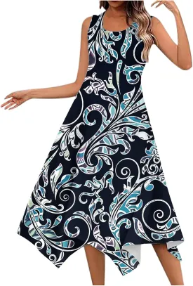 PTOLOCIF Summer Dresses for Women 2024 Sleeveless Swing Dress Casual Crewneck Boho Sundress Handkerchief Hem Tank Maxi Dress
