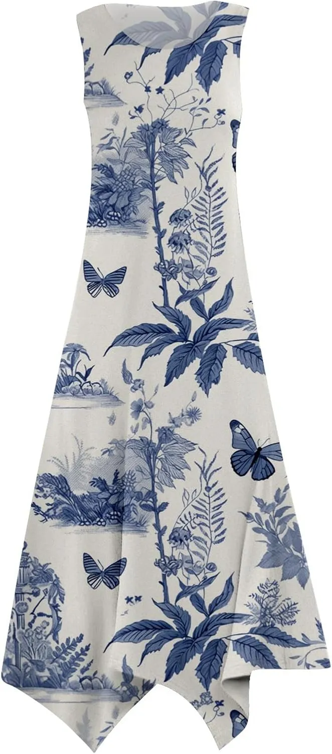 PTOLOCIF Summer Dresses for Women 2024 Sleeveless Swing Dress Casual Crewneck Boho Sundress Handkerchief Hem Tank Maxi Dress