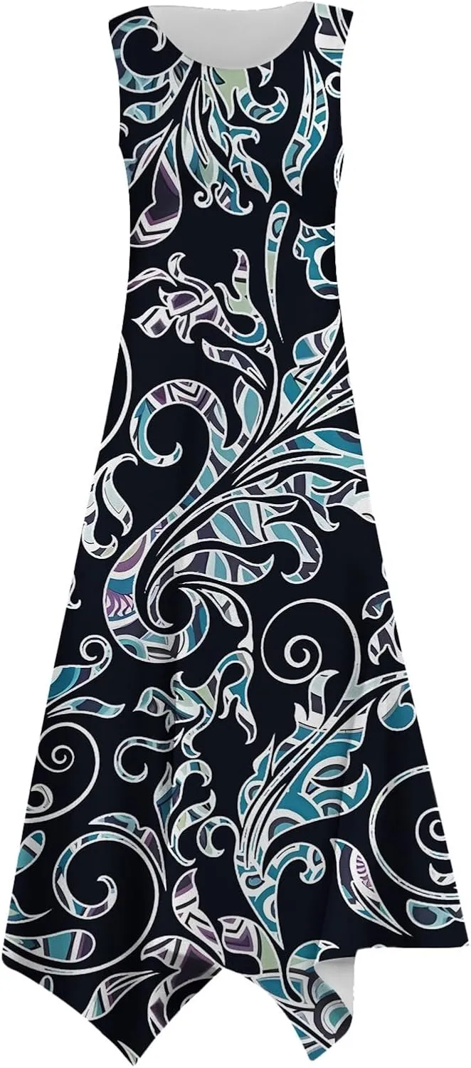 PTOLOCIF Summer Dresses for Women 2024 Sleeveless Swing Dress Casual Crewneck Boho Sundress Handkerchief Hem Tank Maxi Dress