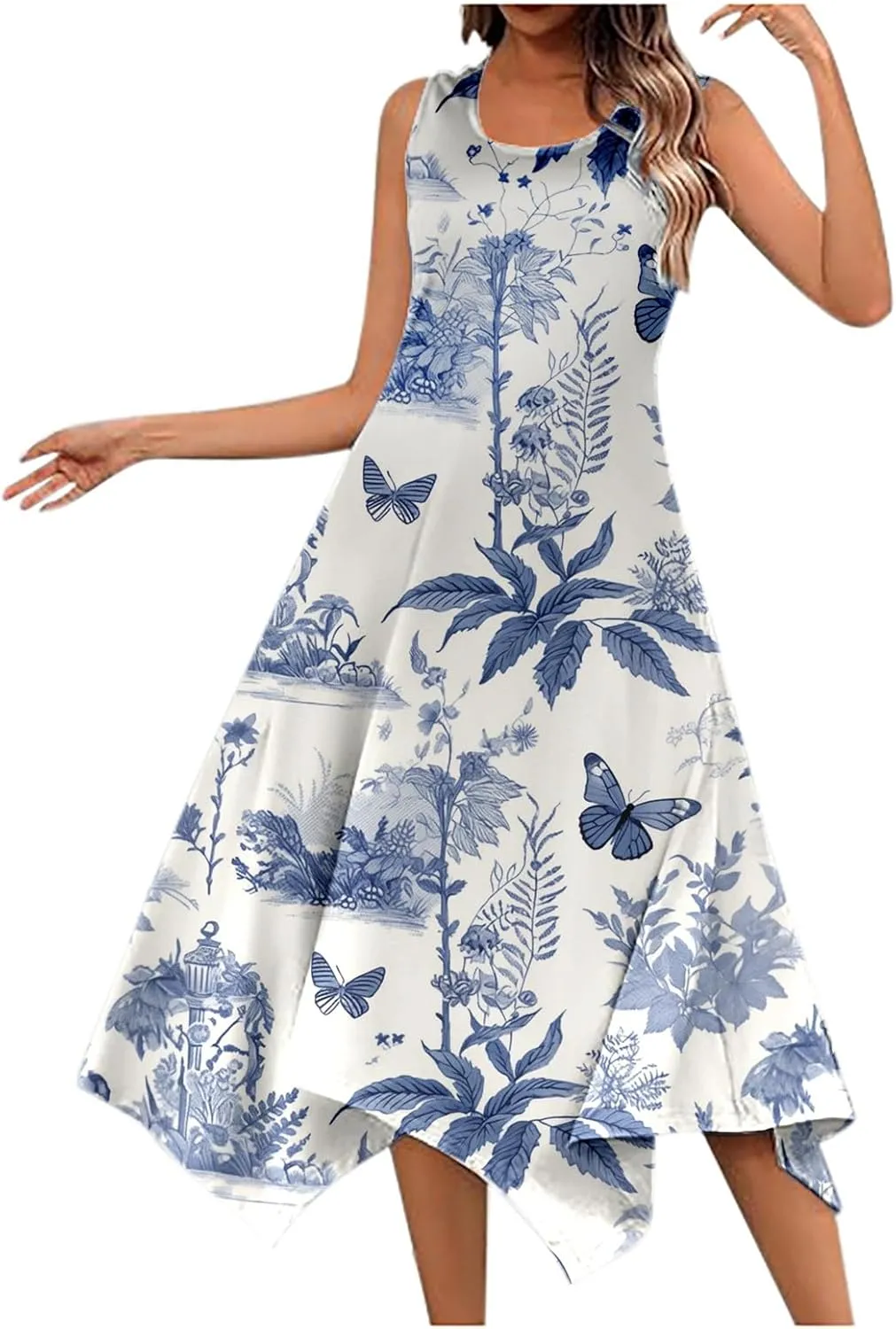 PTOLOCIF Summer Dresses for Women 2024 Sleeveless Swing Dress Casual Crewneck Boho Sundress Handkerchief Hem Tank Maxi Dress