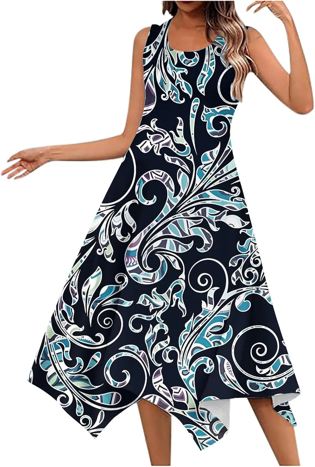 PTOLOCIF Summer Dresses for Women 2024 Sleeveless Swing Dress Casual Crewneck Boho Sundress Handkerchief Hem Tank Maxi Dress