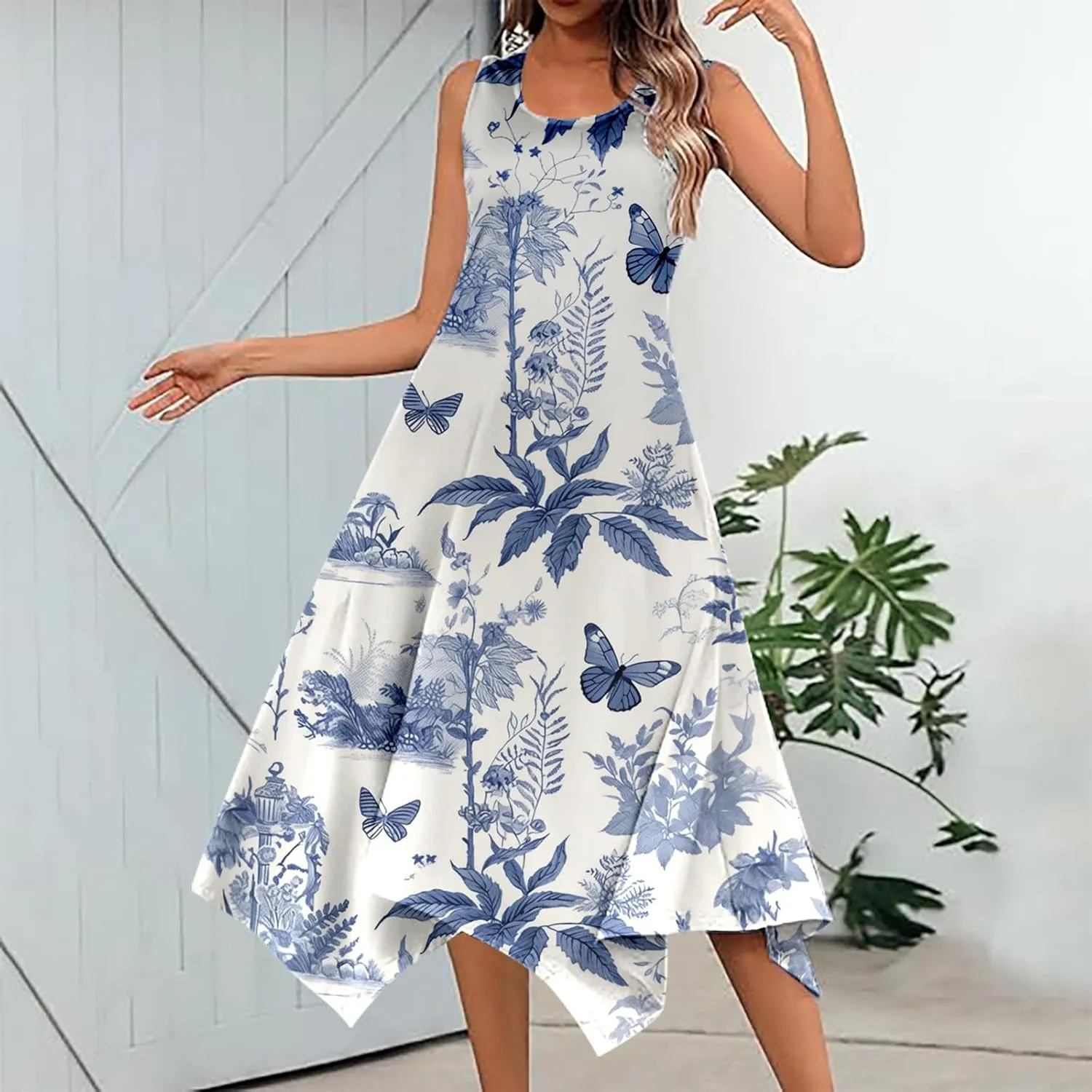 PTOLOCIF Summer Dresses for Women 2024 Sleeveless Swing Dress Casual Crewneck Boho Sundress Handkerchief Hem Tank Maxi Dress