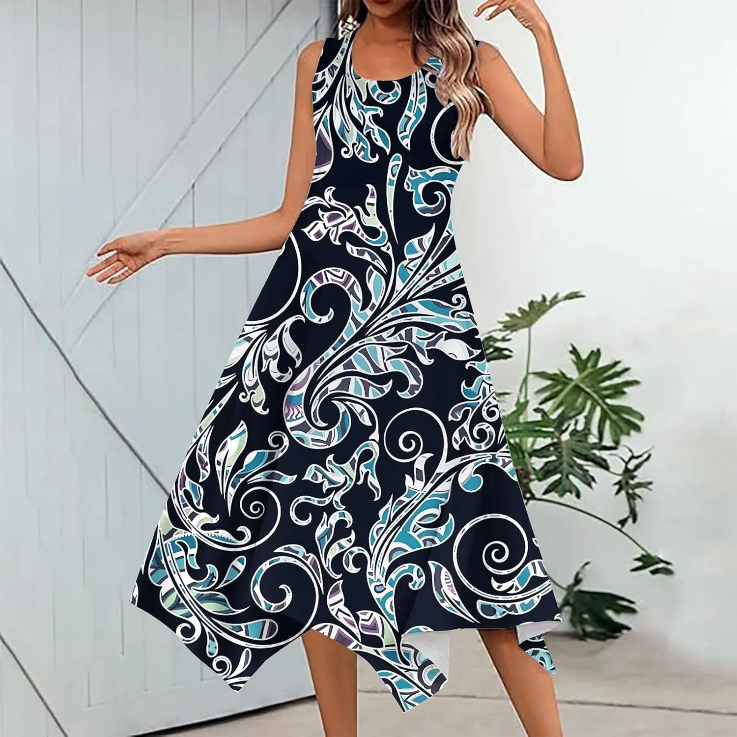 PTOLOCIF Summer Dresses for Women 2024 Sleeveless Swing Dress Casual Crewneck Boho Sundress Handkerchief Hem Tank Maxi Dress