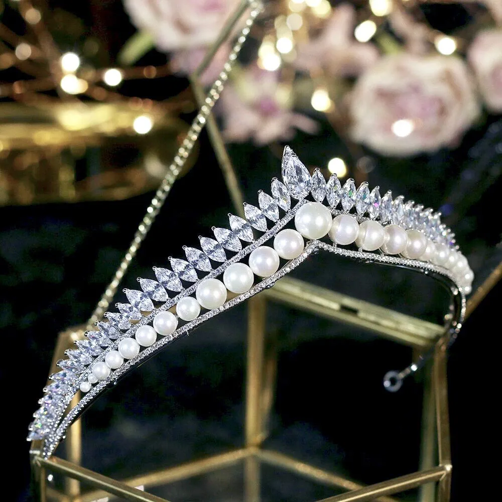 "Rianna" - Pearl and Cubic Zirconia Bridal Tiara - Available in Silver and Gold