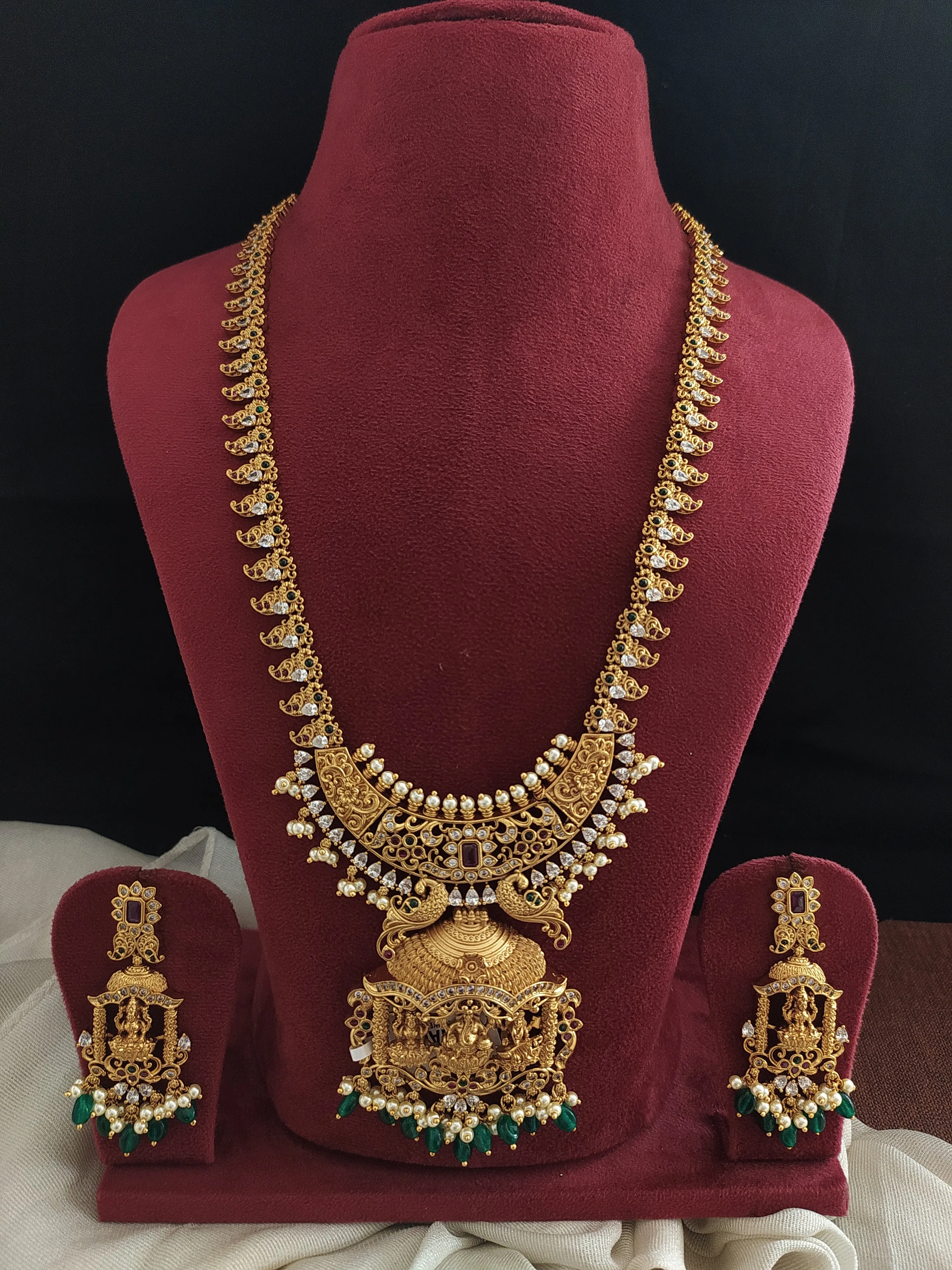 Radiant Gold-Plated Lakshmi Long Haram Set with Half-Moon Pendant