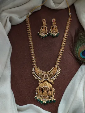 Radiant Gold-Plated Lakshmi Long Haram Set with Half-Moon Pendant