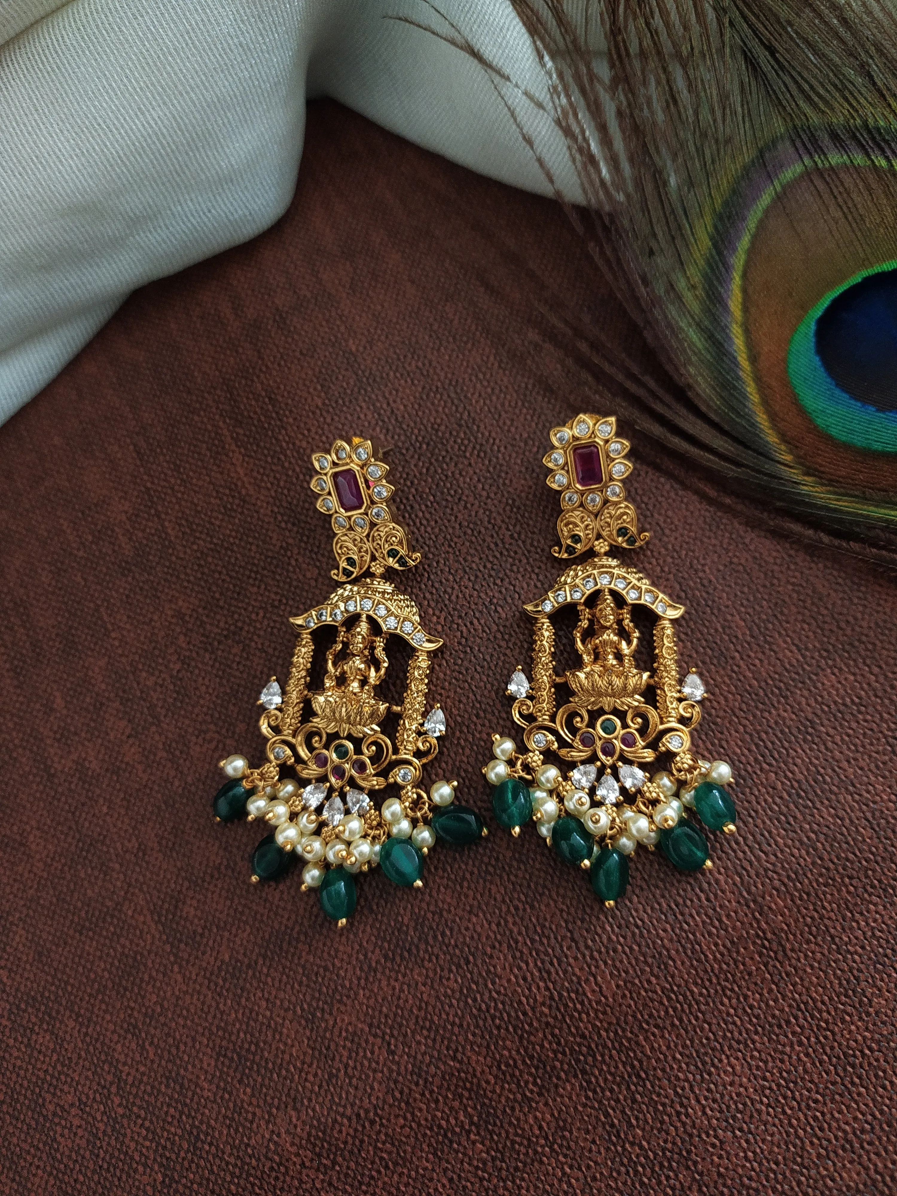 Radiant Gold-Plated Lakshmi Long Haram Set with Half-Moon Pendant