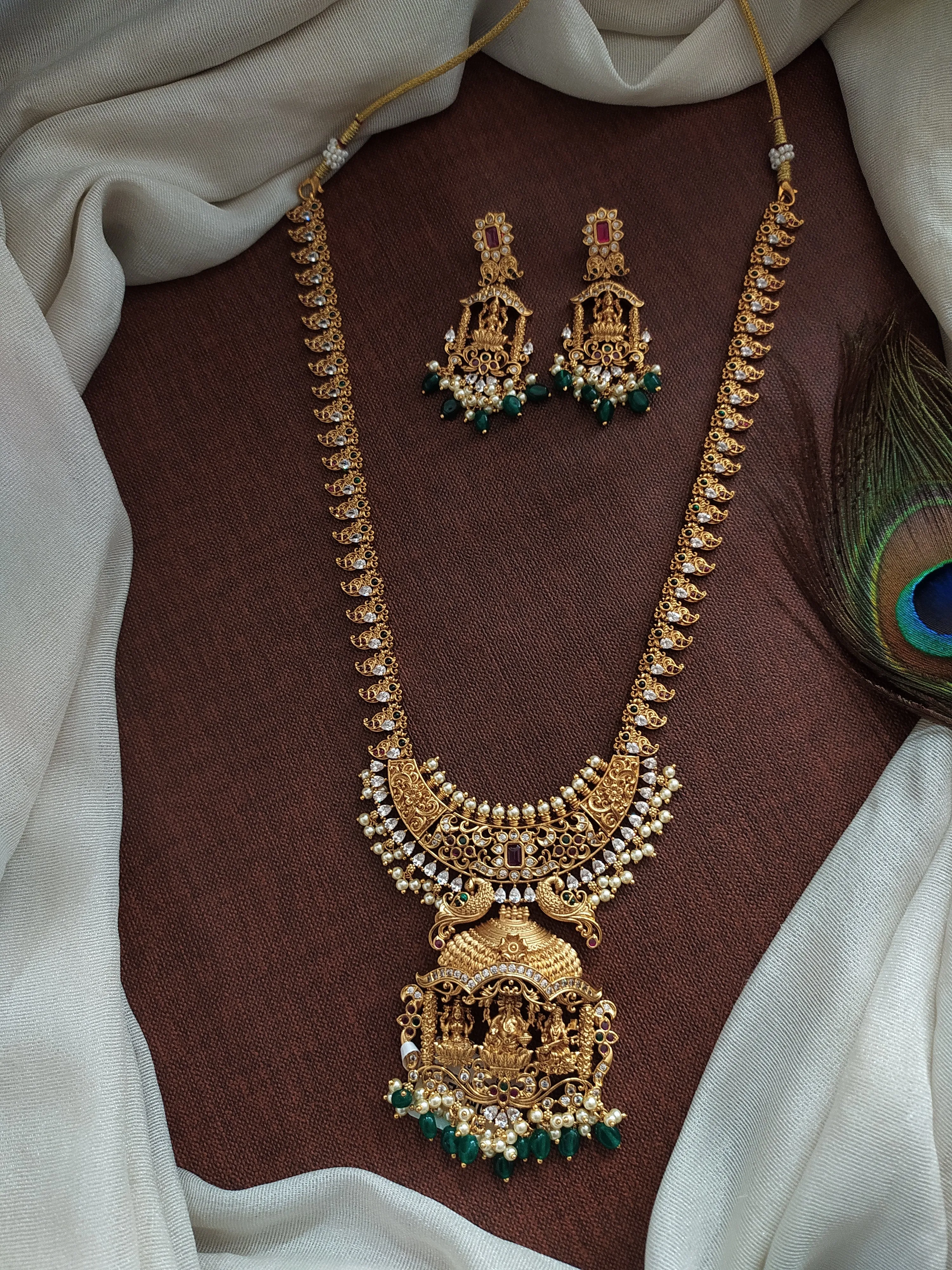 Radiant Gold-Plated Lakshmi Long Haram Set with Half-Moon Pendant