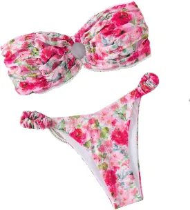 SHENHE Women's 2 Piece Bikini Set Summer Solid Ring Strapless Textured Bathingsuit