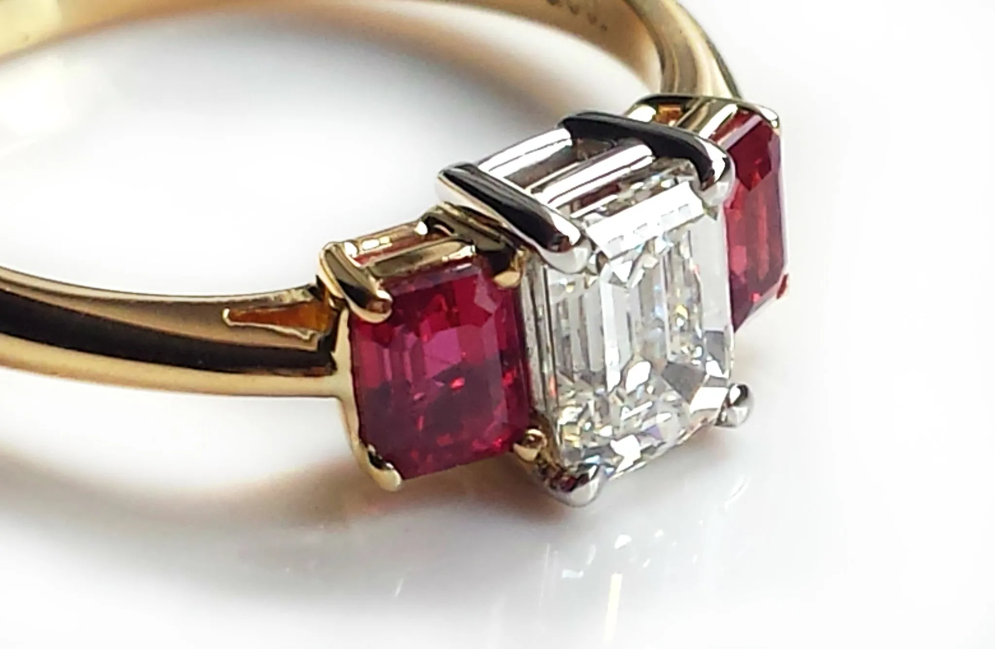 Tiffany & Co. 1.37tcw I/VVS2 3 Stone Emerald Cut Diamond & Ruby Engagement Ring