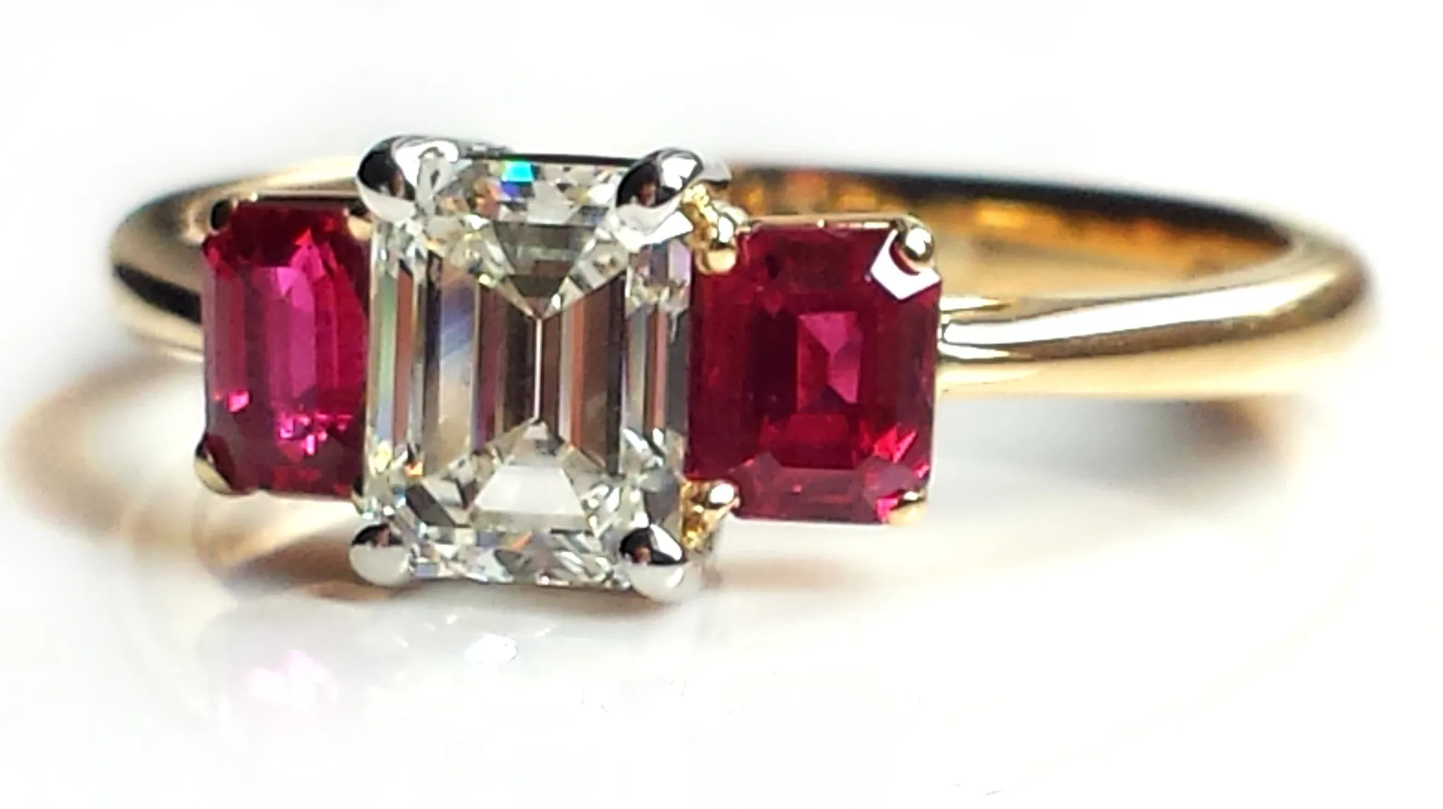 Tiffany & Co. 1.37tcw I/VVS2 3 Stone Emerald Cut Diamond & Ruby Engagement Ring