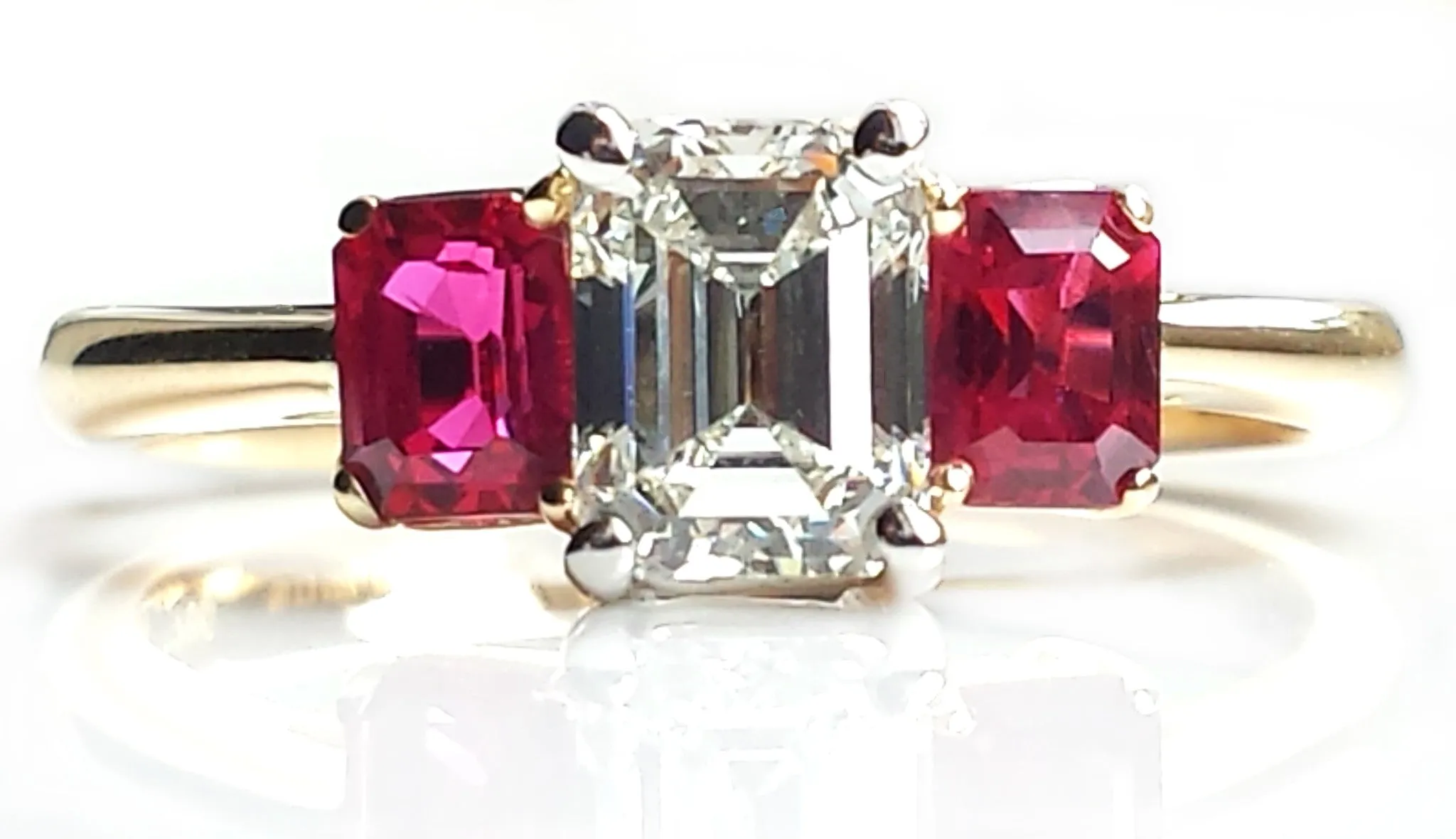 Tiffany & Co. 1.37tcw I/VVS2 3 Stone Emerald Cut Diamond & Ruby Engagement Ring