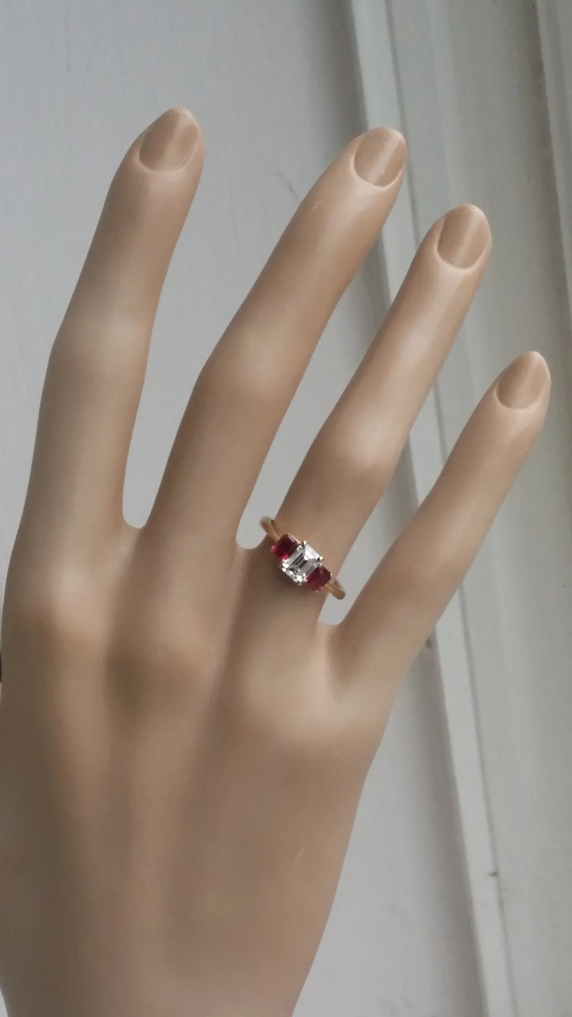 Tiffany & Co. 1.37tcw I/VVS2 3 Stone Emerald Cut Diamond & Ruby Engagement Ring