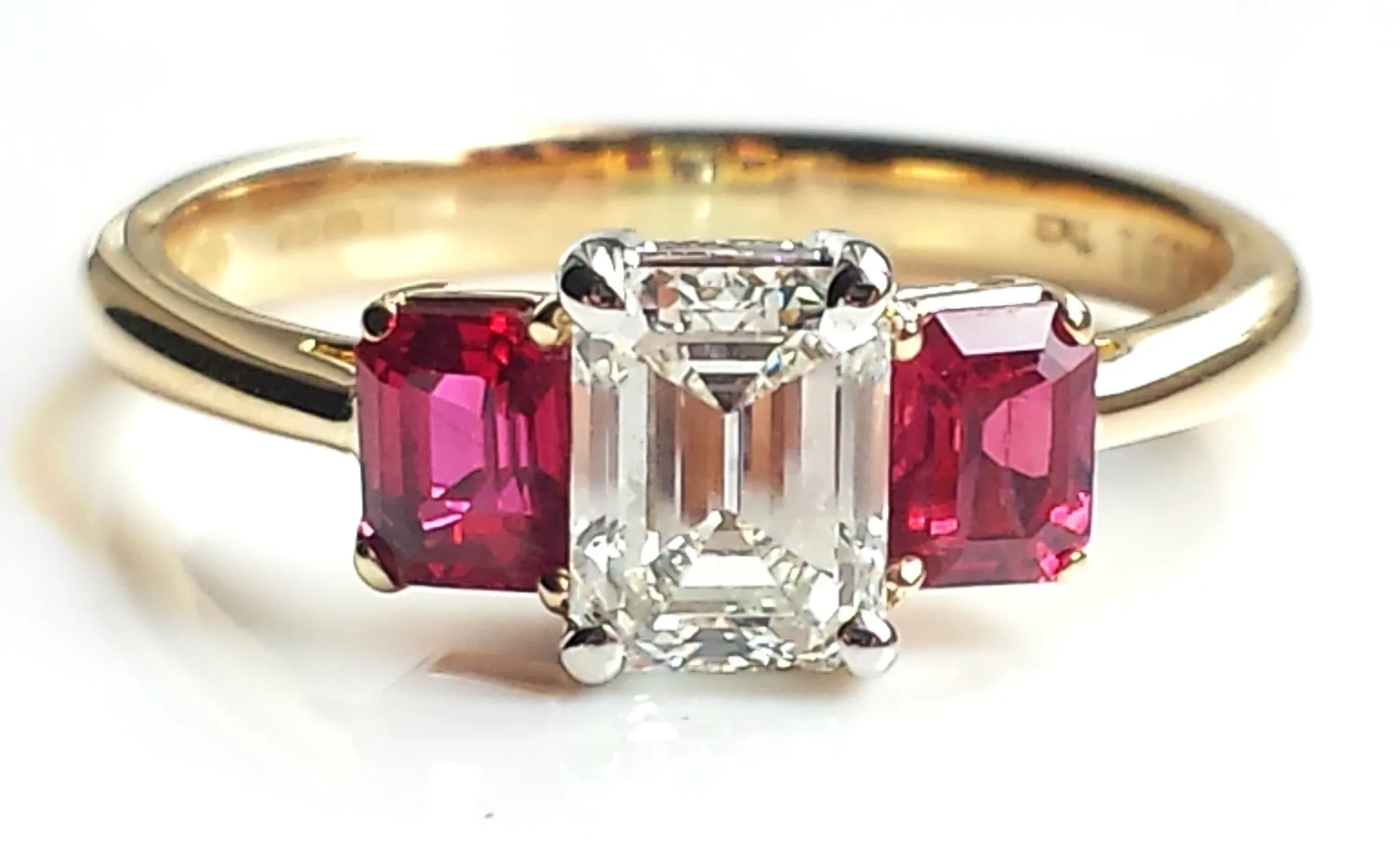 Tiffany & Co. 1.37tcw I/VVS2 3 Stone Emerald Cut Diamond & Ruby Engagement Ring