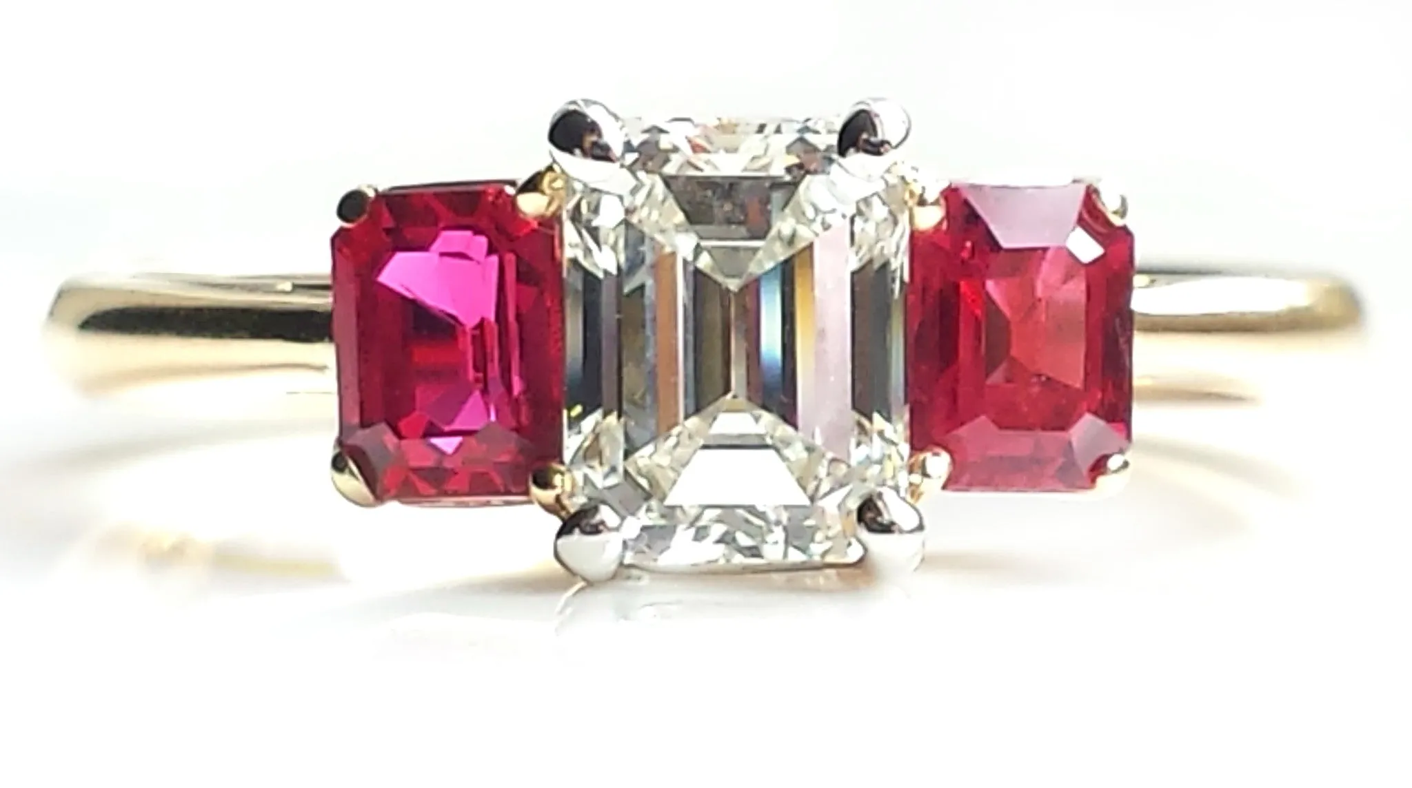 Tiffany & Co. 1.37tcw I/VVS2 3 Stone Emerald Cut Diamond & Ruby Engagement Ring