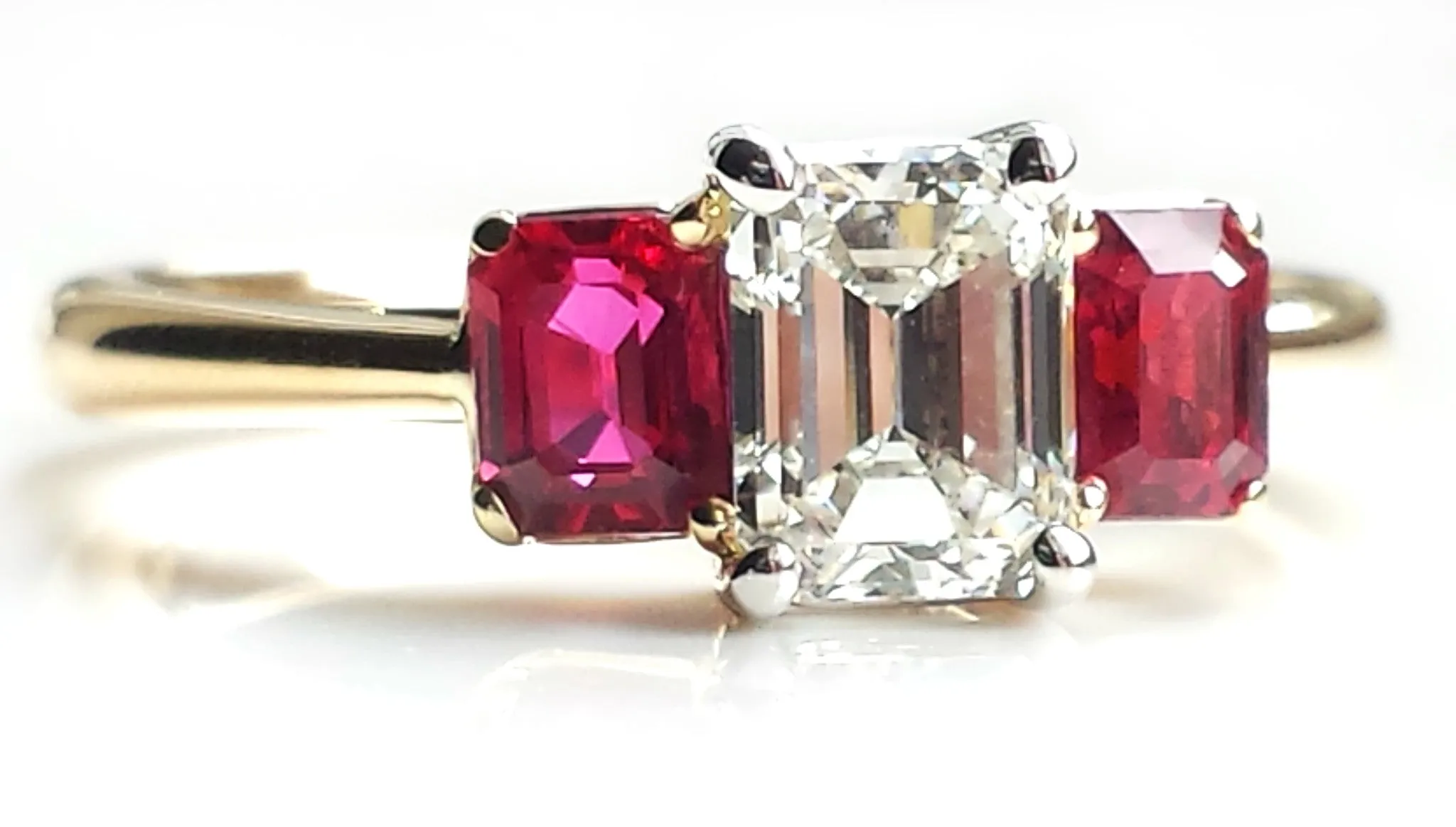 Tiffany & Co. 1.37tcw I/VVS2 3 Stone Emerald Cut Diamond & Ruby Engagement Ring