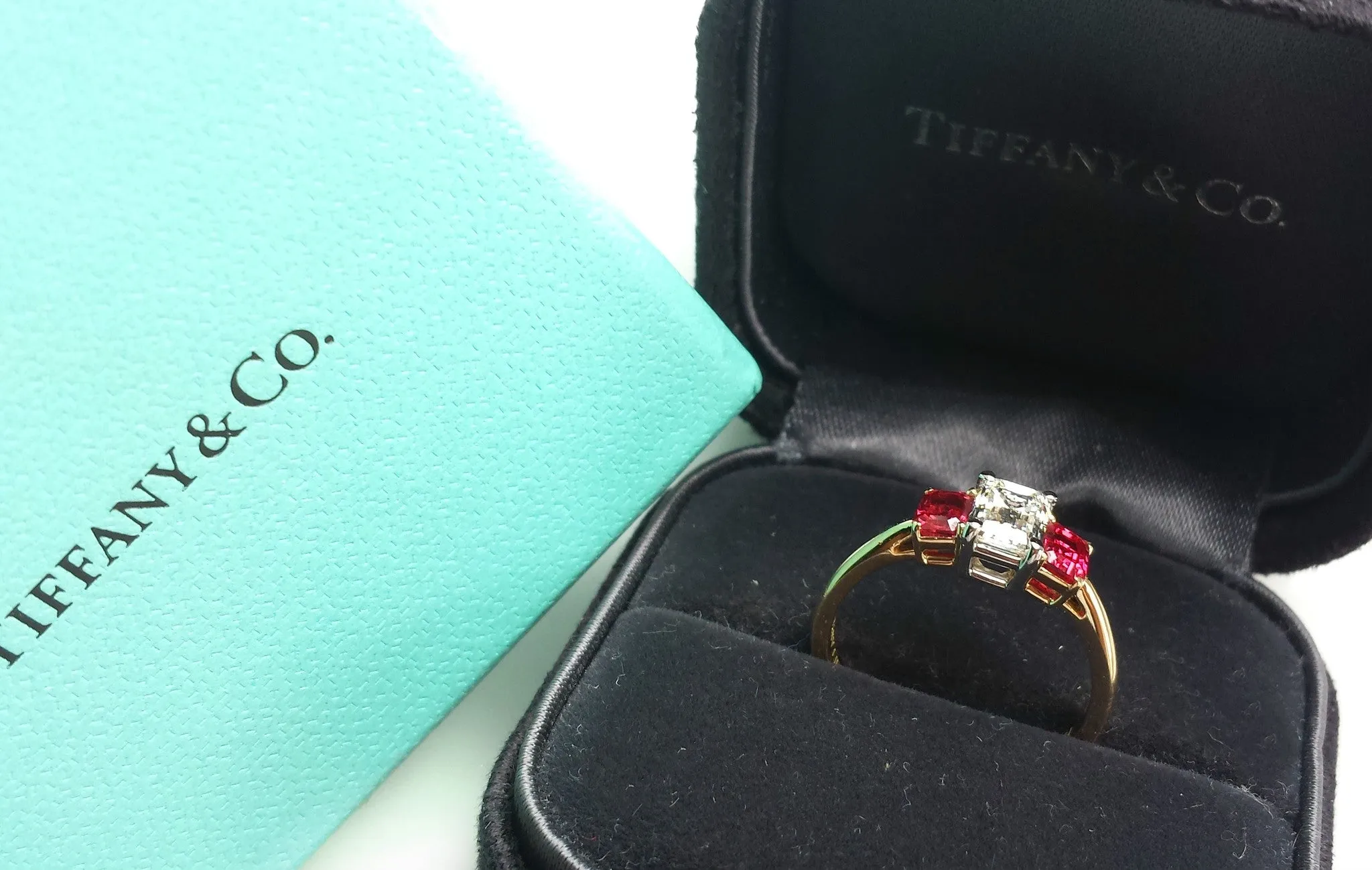 Tiffany & Co. 1.37tcw I/VVS2 3 Stone Emerald Cut Diamond & Ruby Engagement Ring