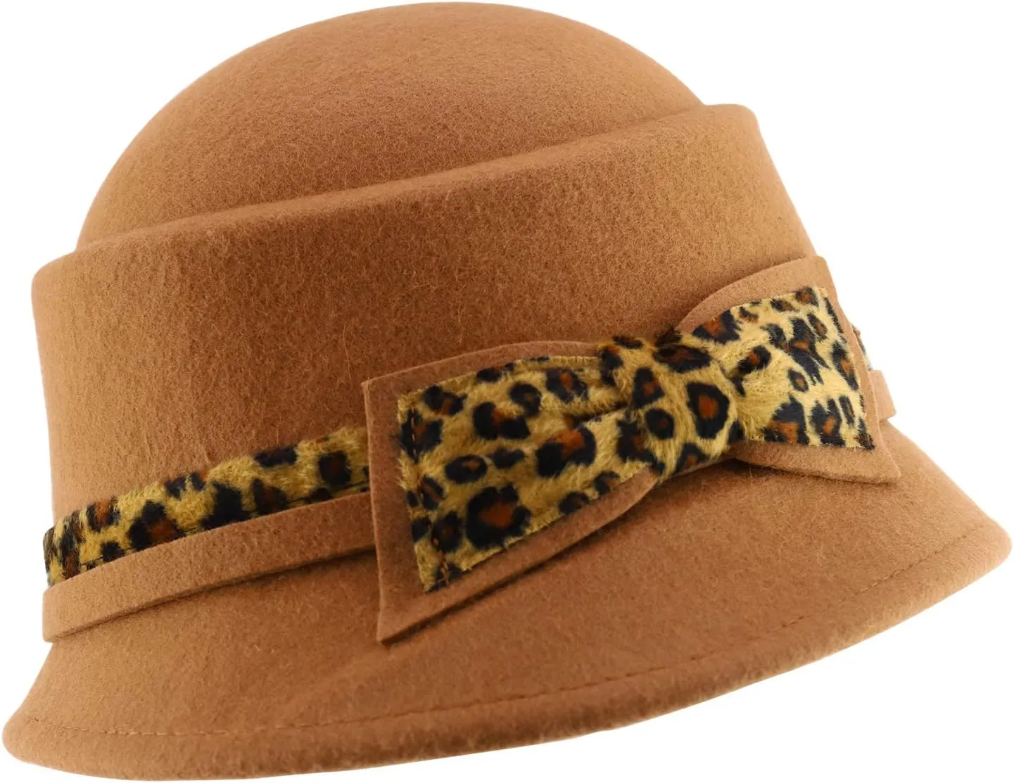 Trendy Apparel Shop Leopard Print Trimmed Ribbon Band Wool Felt Cloche Hat