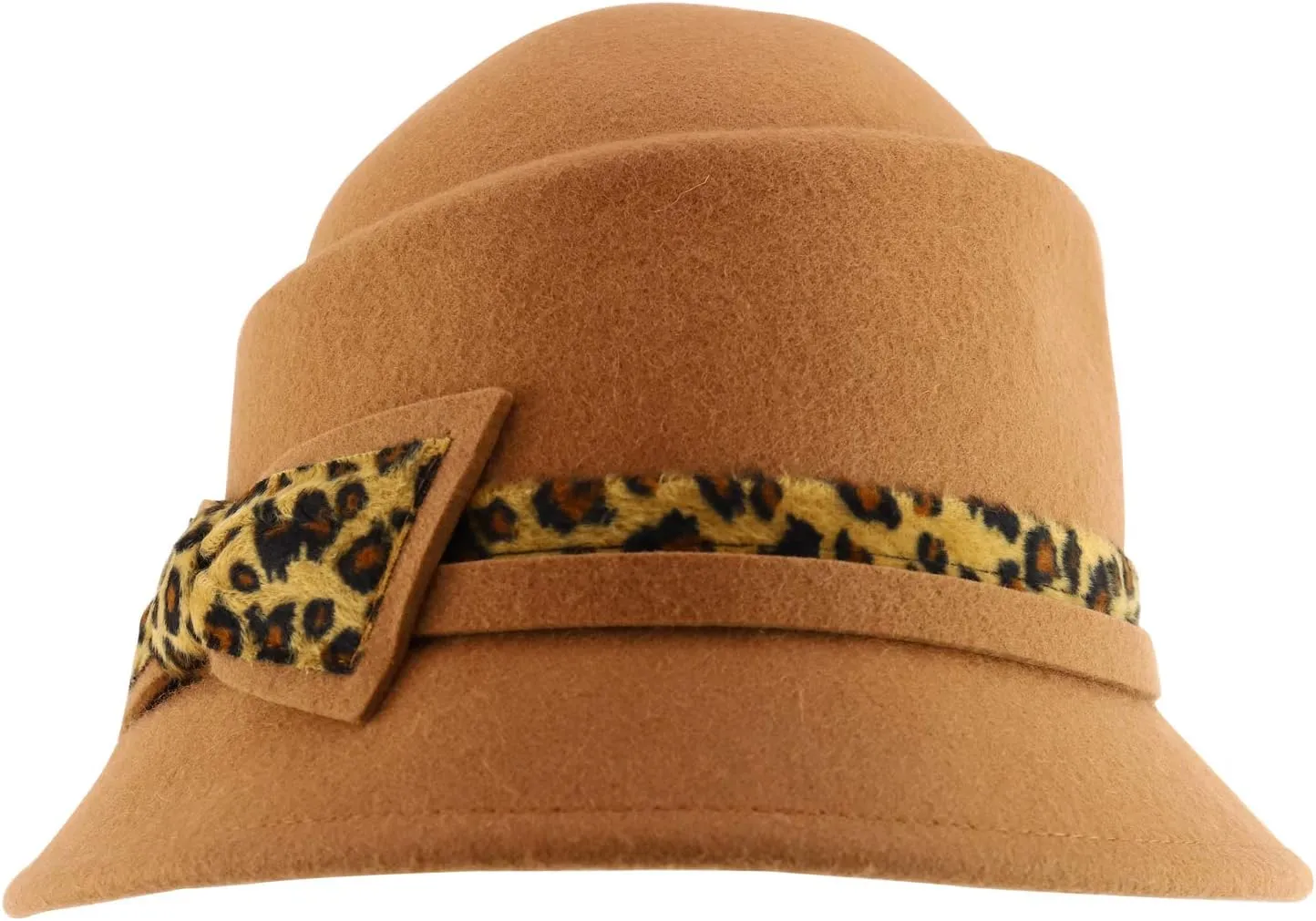 Trendy Apparel Shop Leopard Print Trimmed Ribbon Band Wool Felt Cloche Hat
