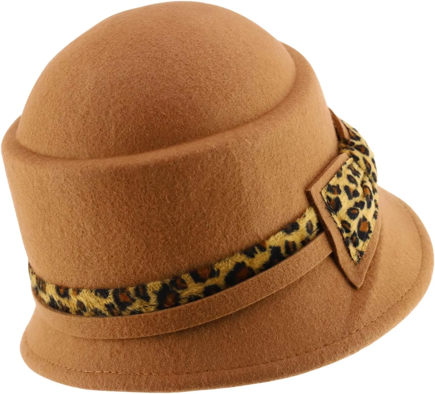 Trendy Apparel Shop Leopard Print Trimmed Ribbon Band Wool Felt Cloche Hat