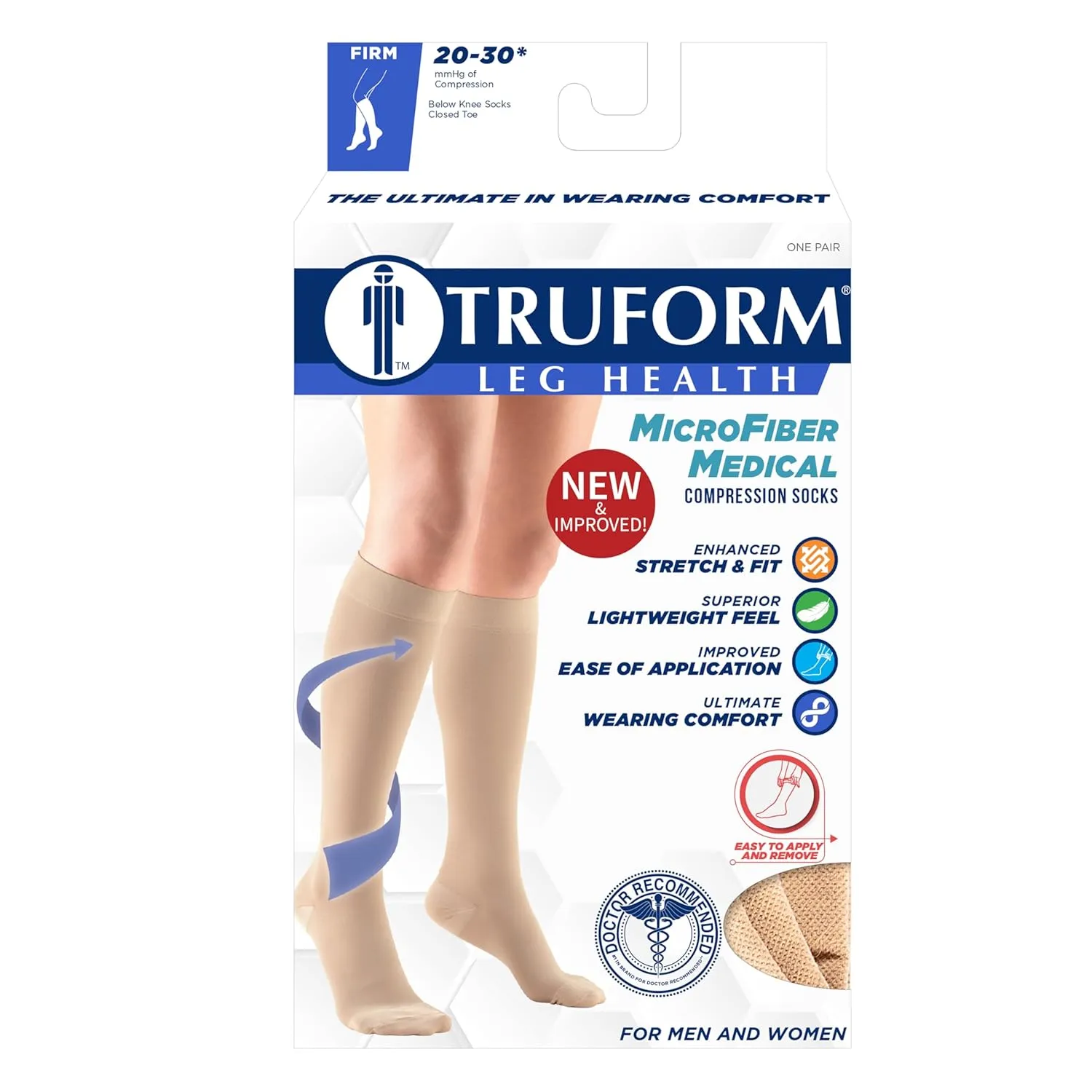 Truform 20-30 mmHg Compression Stockings for Men and Women, Knee High Length, Closed Toe, Beige, Large, 1 Pair