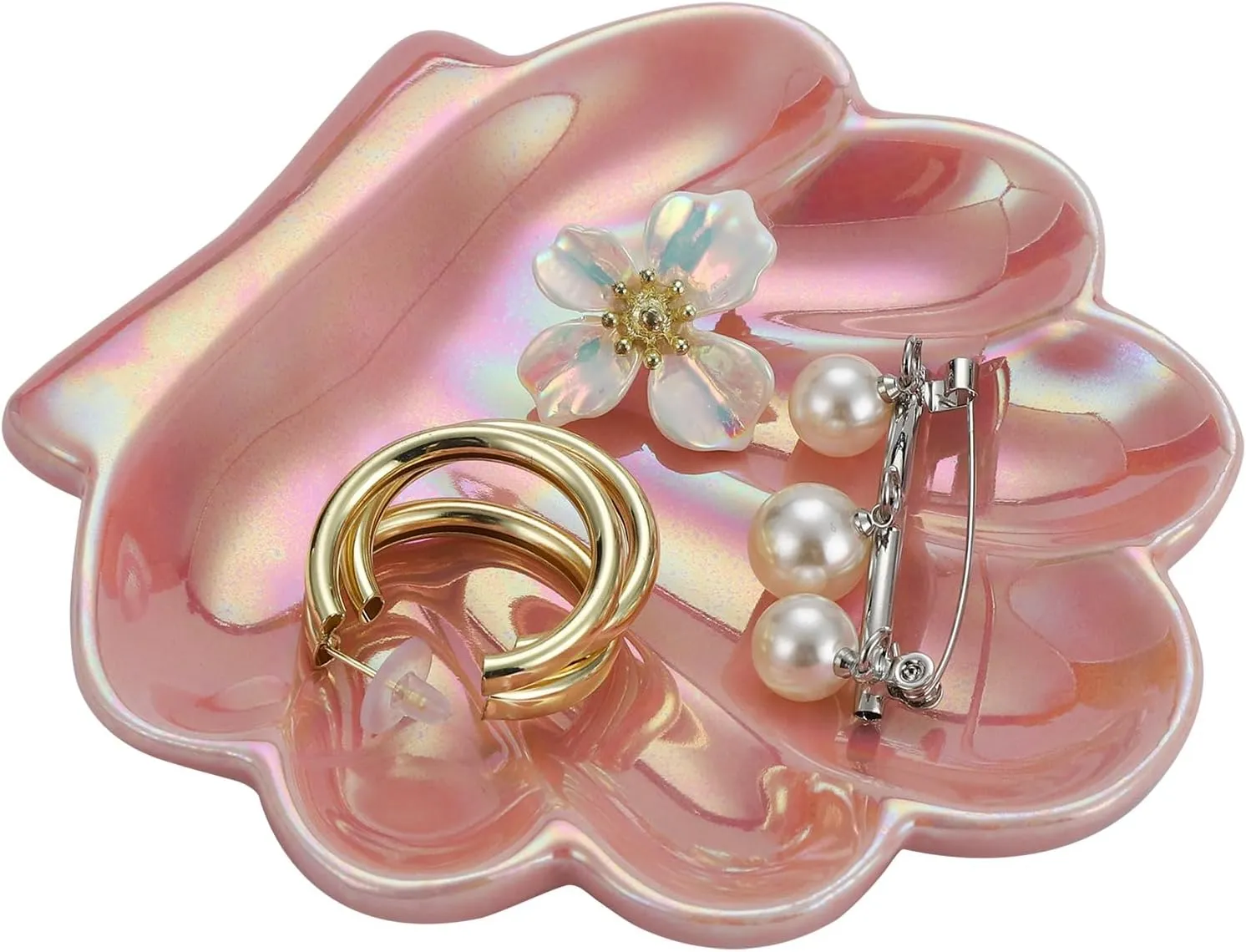 VanEnjoy 4.3 inch Shell Jewelry Dish Pink Jewelry Trays for Girls Small Jewelry Holder Dish Coastal Room Decor Ceramic Trinket Tray for Jewelry Earrings Rings Necklaces