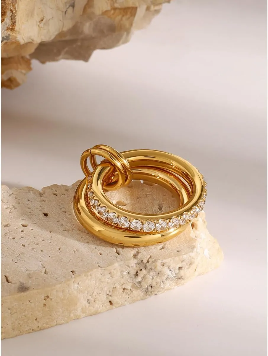 Waterproof Gold Stackable Rings for Women Non Tarnish - 18K Gold Plated Water Resistant Rings Everyday Ring Band for Women - Never Fades Interlocked Cubic Zirconia Bands Stacking Ring