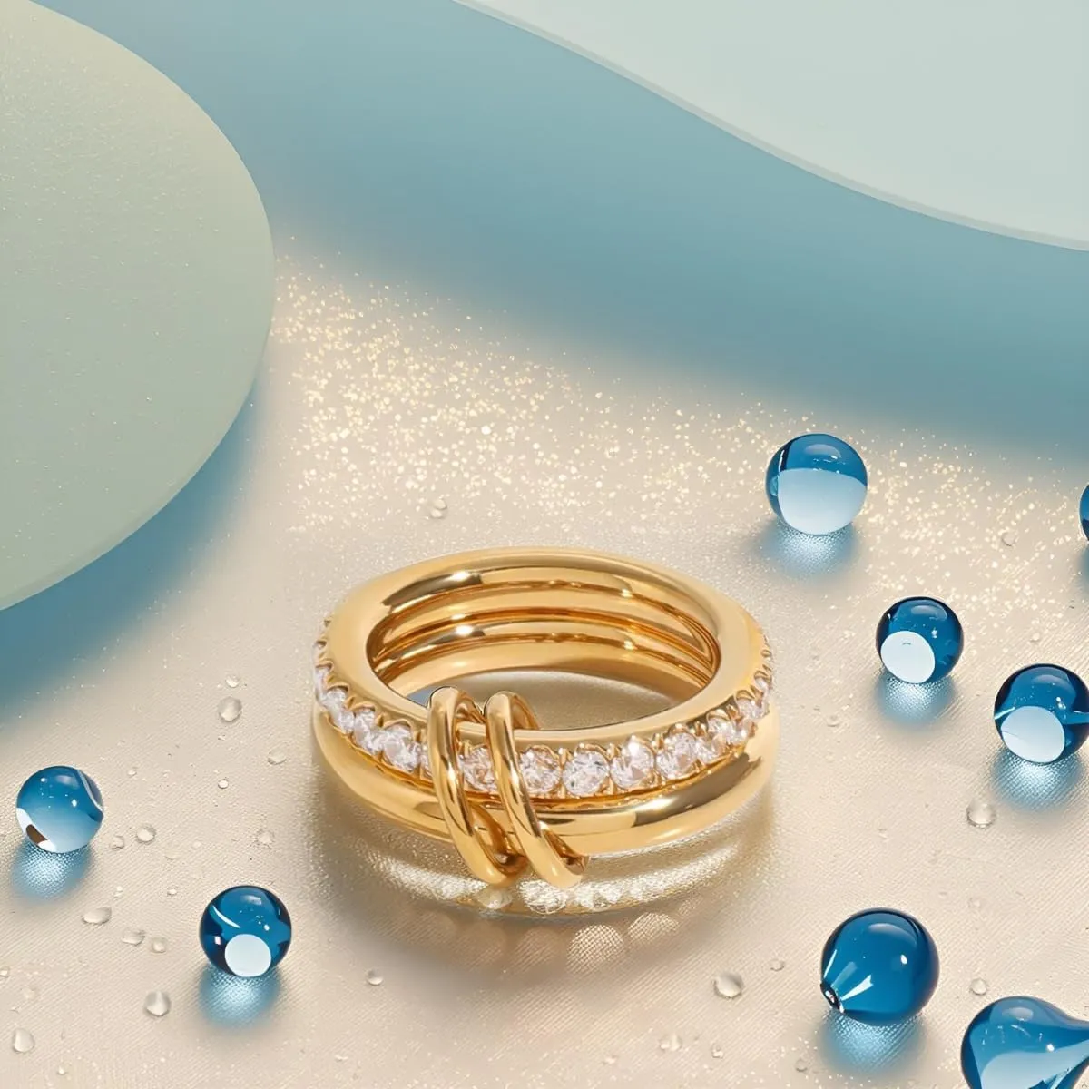 Waterproof Gold Stackable Rings for Women Non Tarnish - 18K Gold Plated Water Resistant Rings Everyday Ring Band for Women - Never Fades Interlocked Cubic Zirconia Bands Stacking Ring