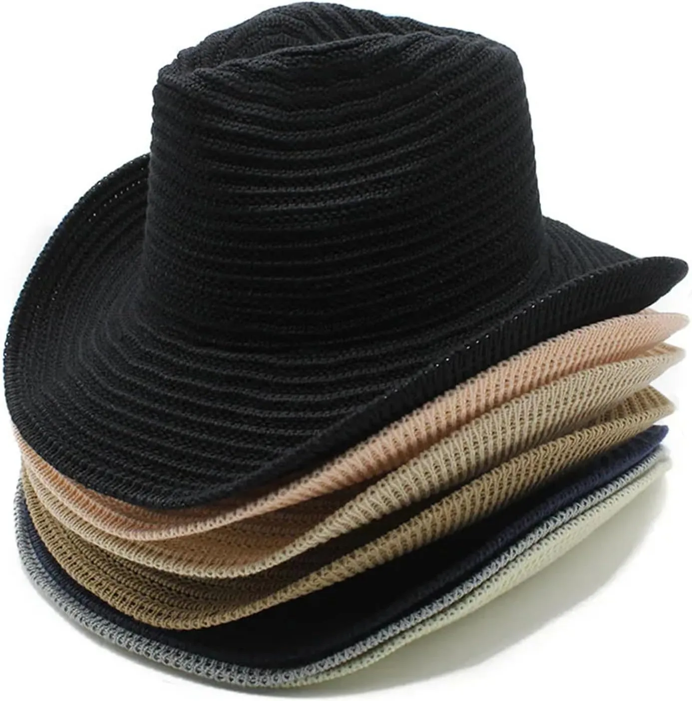 Women Men Western Cowboy Hat Jazz Top Hat Knitted Big Brim Felt Cap Trilby Wide Brim Fedora Outdoor Sun Hat