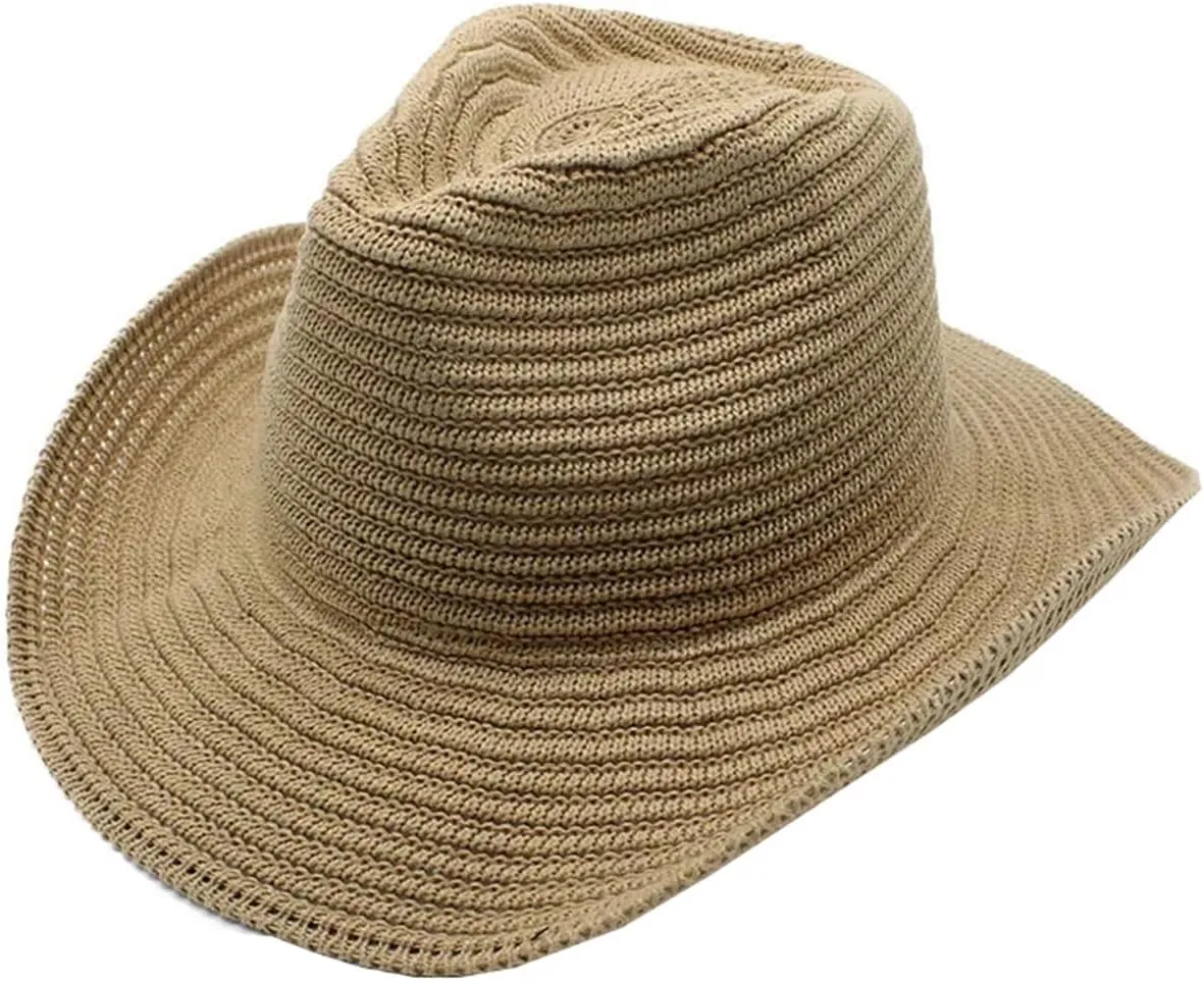 Women Men Western Cowboy Hat Jazz Top Hat Knitted Big Brim Felt Cap Trilby Wide Brim Fedora Outdoor Sun Hat