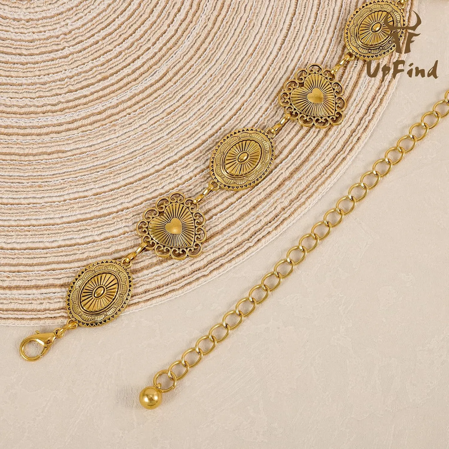 Women Western Metal Chain Belt Concho Belt Cowgirl Waist Link for Jeans Dresses Concert Boho