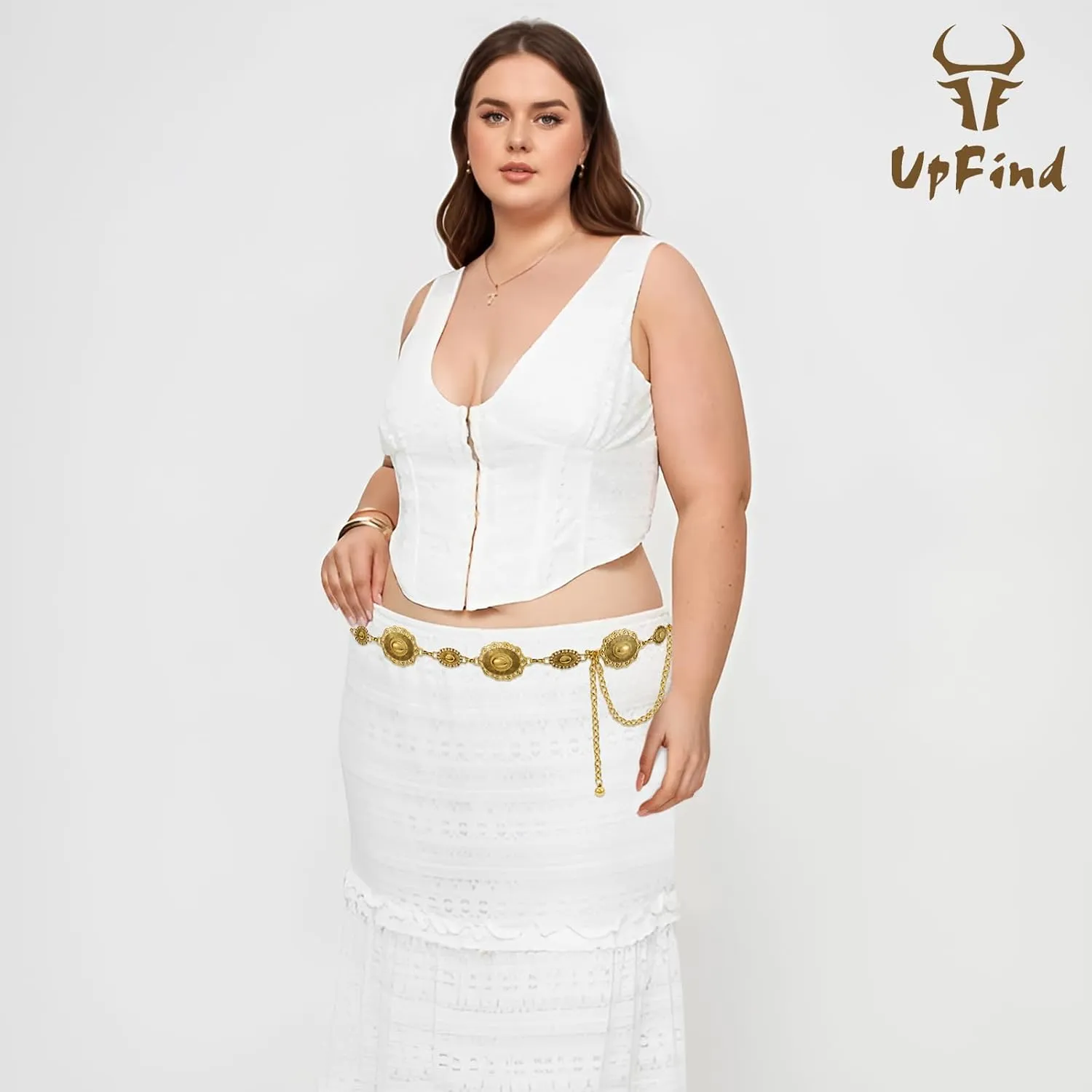 Women Western Metal Chain Belt Concho Belt Cowgirl Waist Link for Jeans Dresses Concert Boho