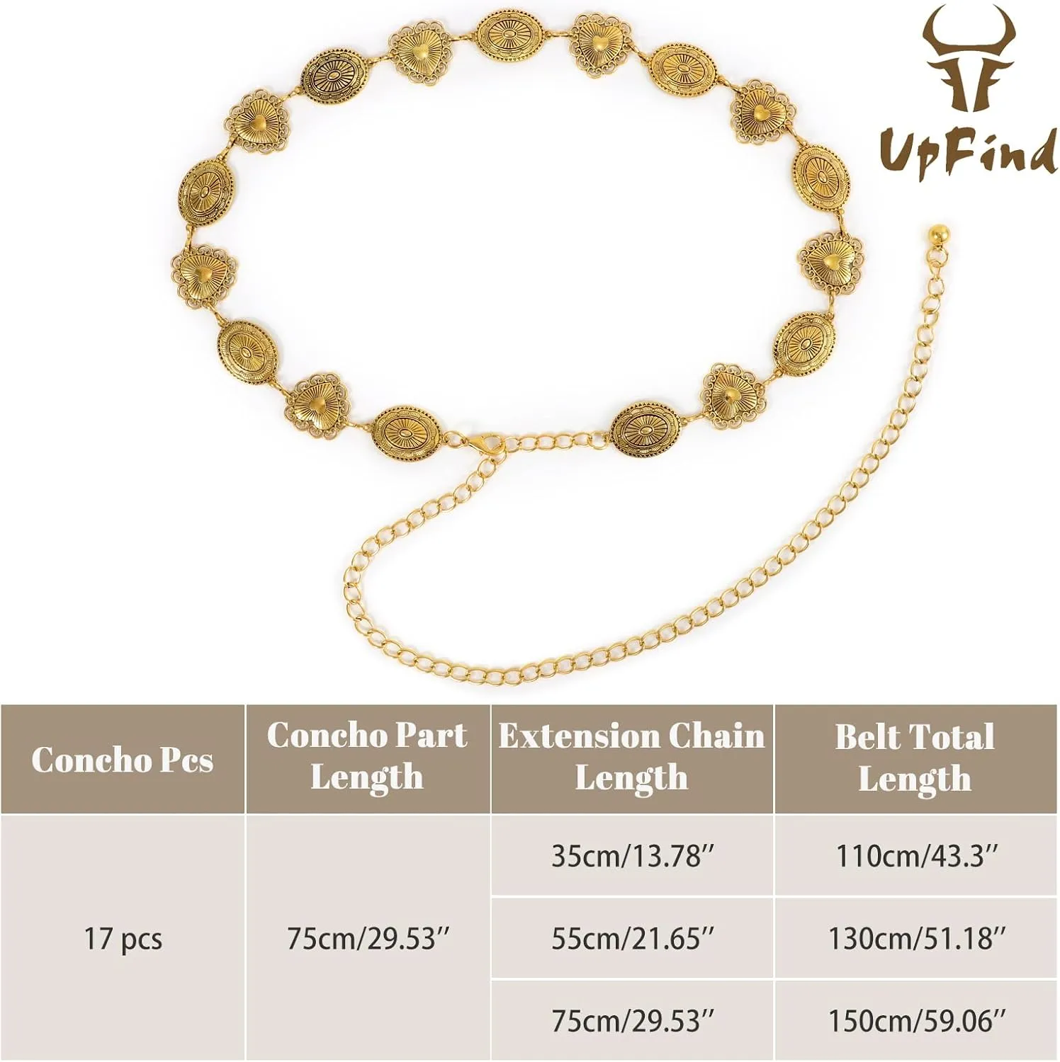 Women Western Metal Chain Belt Concho Belt Cowgirl Waist Link for Jeans Dresses Concert Boho