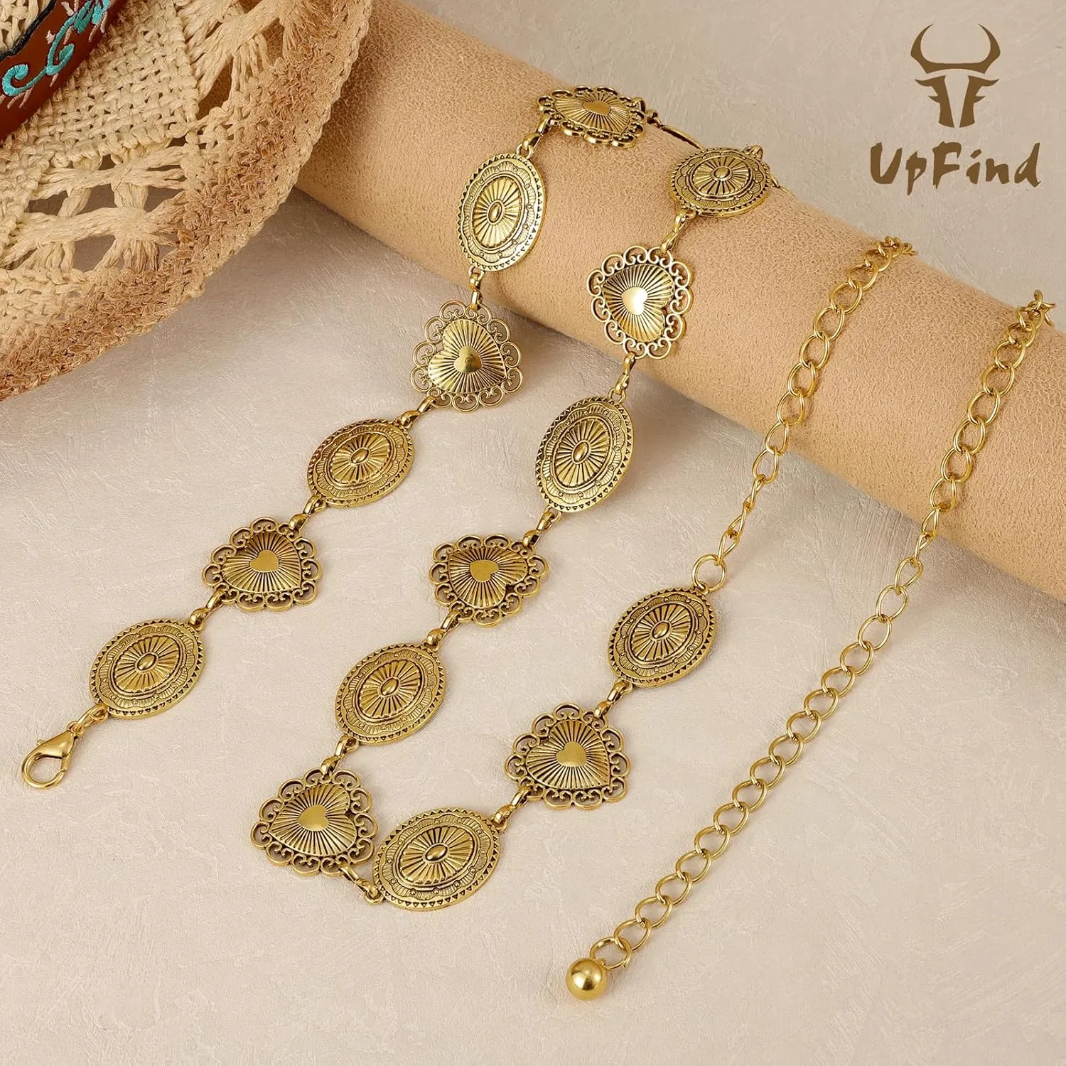 Women Western Metal Chain Belt Concho Belt Cowgirl Waist Link for Jeans Dresses Concert Boho