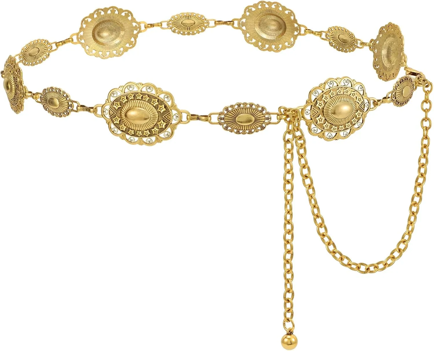 Women Western Metal Chain Belt Concho Belt Cowgirl Waist Link for Jeans Dresses Concert Boho
