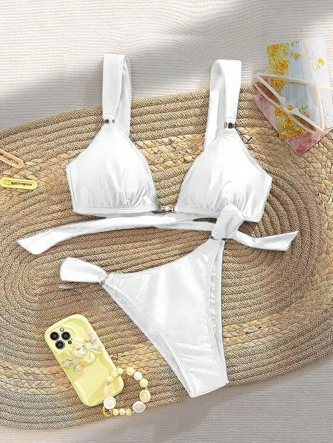 Women's 2 Piece Cheeky Bikini Sets Tie Back Ring Linked Brazilian Swimsuit Sexy Triangle Bathing Suit