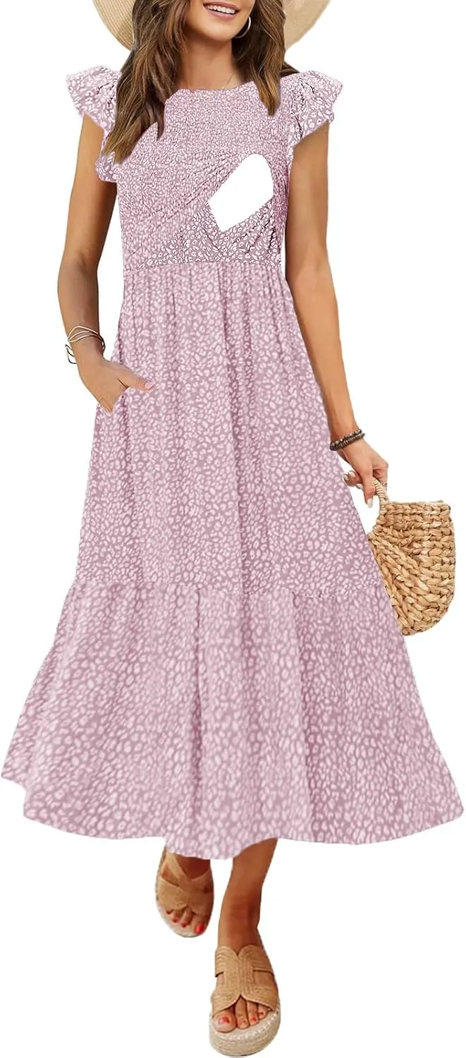 Women's Nursing Dress Flutter Short Sleeve Crew Neck Smocked Elastic Waist Tiered Midi with Pockets