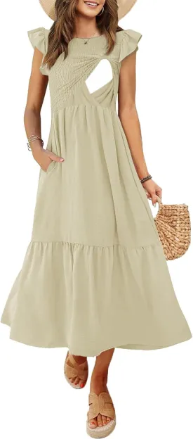 Women's Nursing Dress Flutter Short Sleeve Crew Neck Smocked Elastic Waist Tiered Midi with Pockets