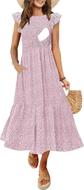 Women's Nursing Dress Flutter Short Sleeve Crew Neck Smocked Elastic Waist Tiered Midi with Pockets