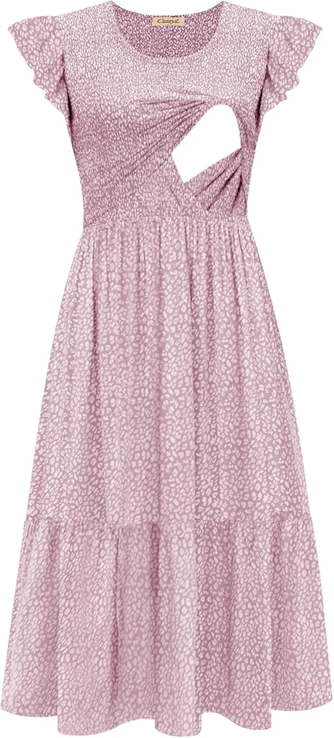 Women's Nursing Dress Flutter Short Sleeve Crew Neck Smocked Elastic Waist Tiered Midi with Pockets