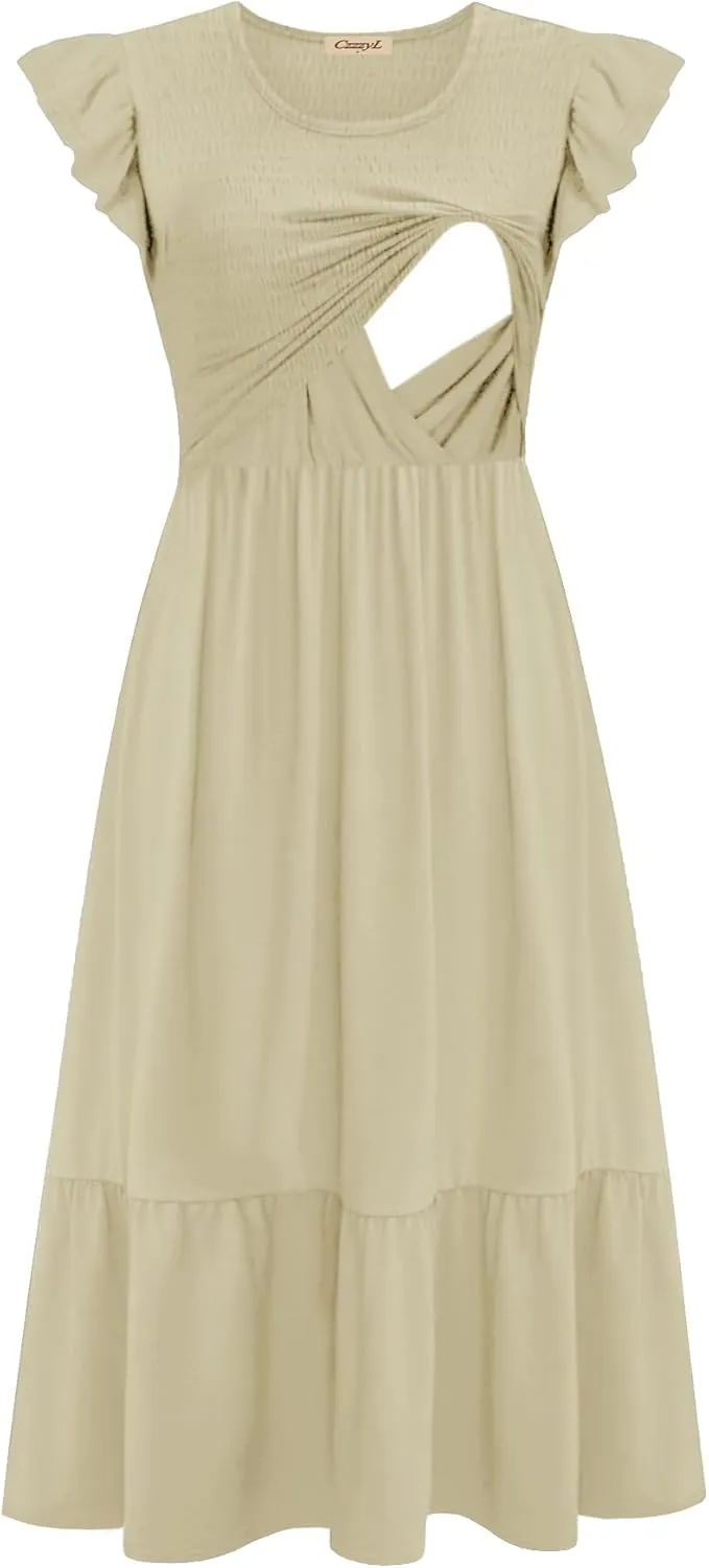 Women's Nursing Dress Flutter Short Sleeve Crew Neck Smocked Elastic Waist Tiered Midi with Pockets