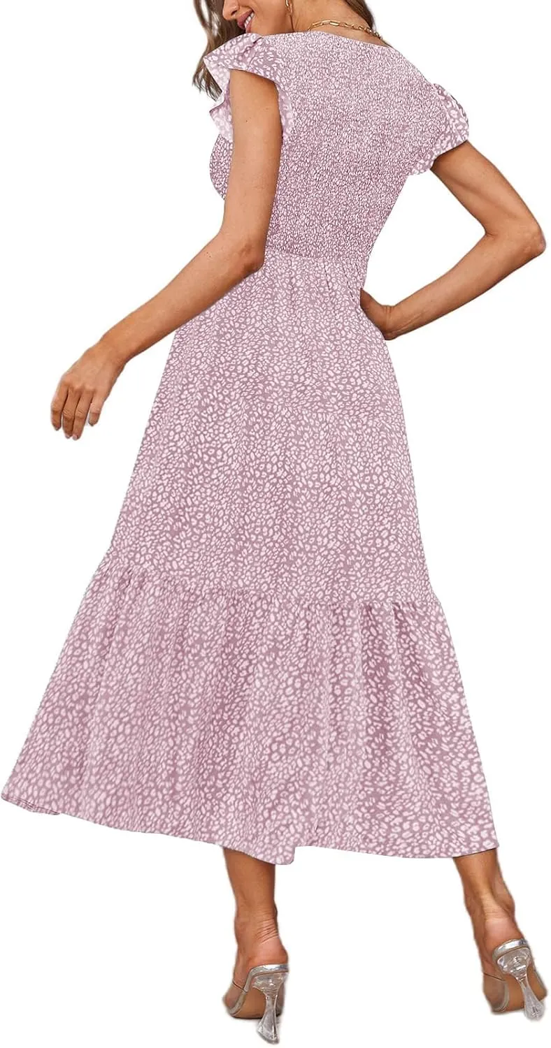 Women's Nursing Dress Flutter Short Sleeve Crew Neck Smocked Elastic Waist Tiered Midi with Pockets