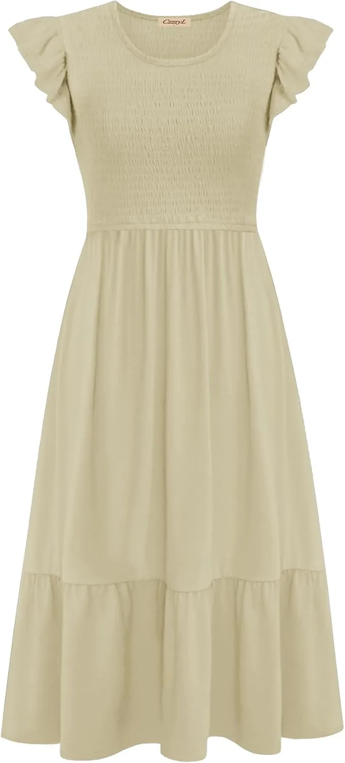 Women's Nursing Dress Flutter Short Sleeve Crew Neck Smocked Elastic Waist Tiered Midi with Pockets